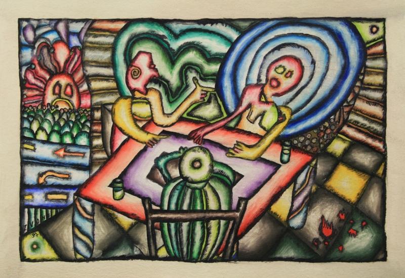 Zvonko Bratic, Drei am Tisch, 1997, Acryl auf Karton