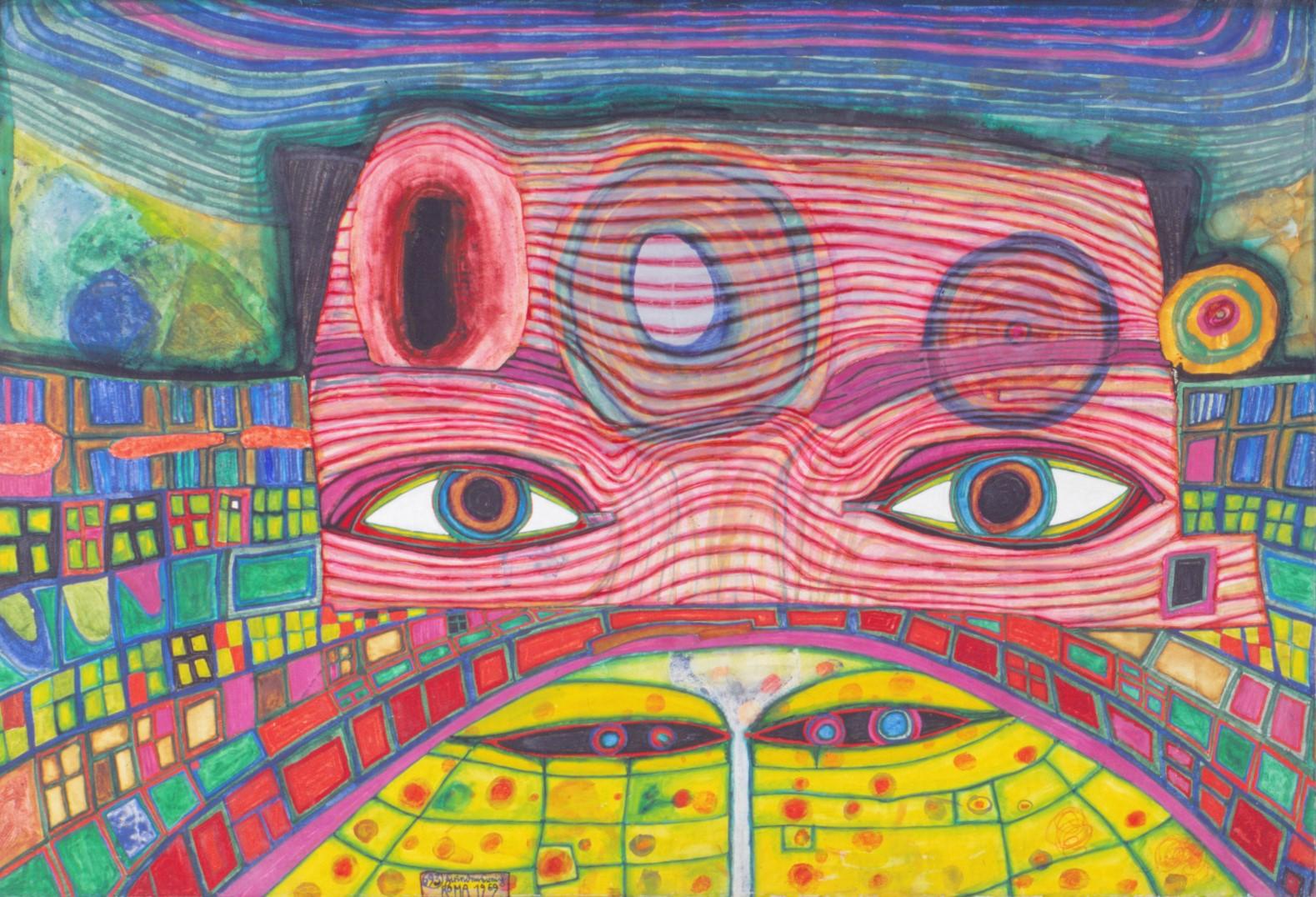 Friedensreich Hundertwasser, Das Kino, 1969, Mischtechnik auf Papier, auf Leinwand kaschiert