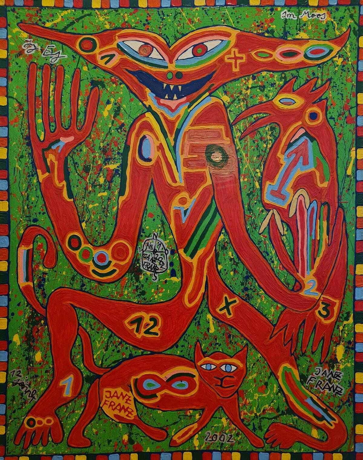 Franz Janz, Der Wicht und seine Tiere, 2002, Acryl auf Leinen