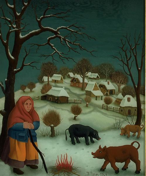 Ivan Generalic, Bäuerin mit Hausschweinen vor winterlichem Dorf, 1969, Öl Hinterglas
