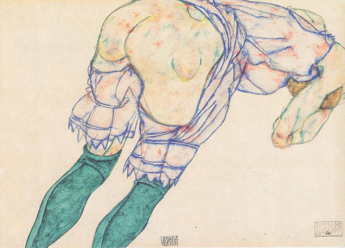 Egon Schiele, Girl with green stockings, 1914, Gouache