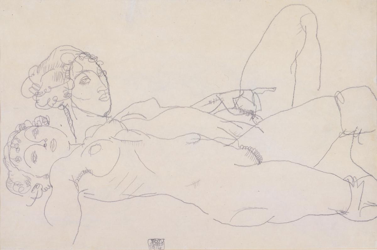 Egon Schiele, Two laying girl acts, 1914, Pencil Drawing