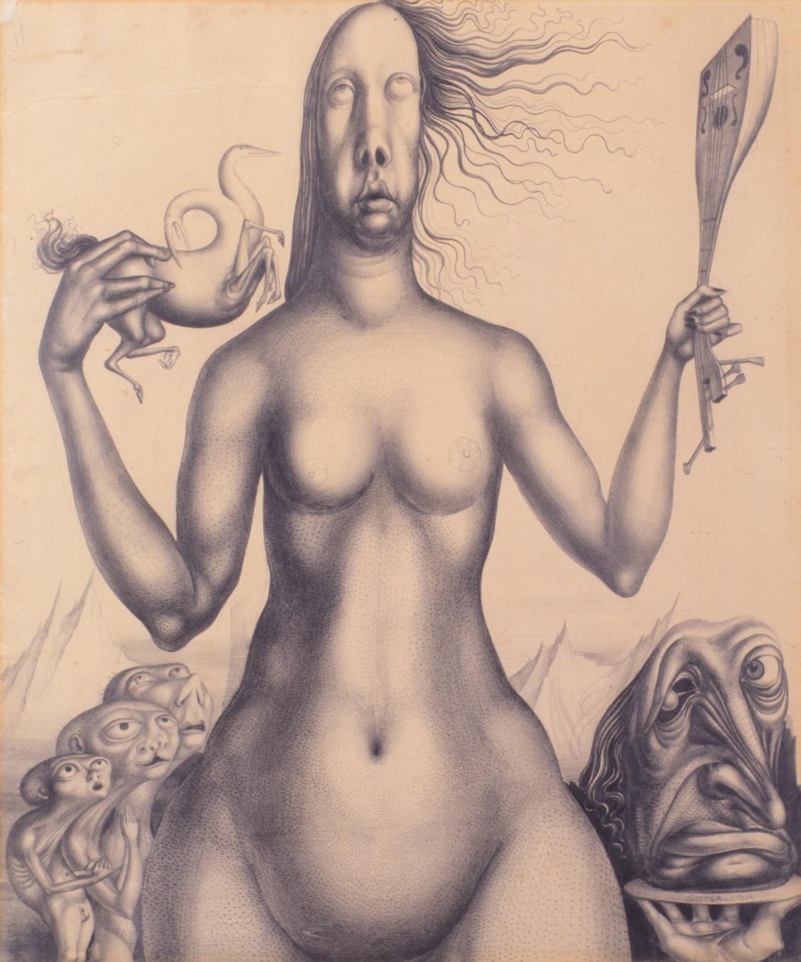 Ernst Fuchs, Gütersloh and the Muse, 1947, Pencil Drawing