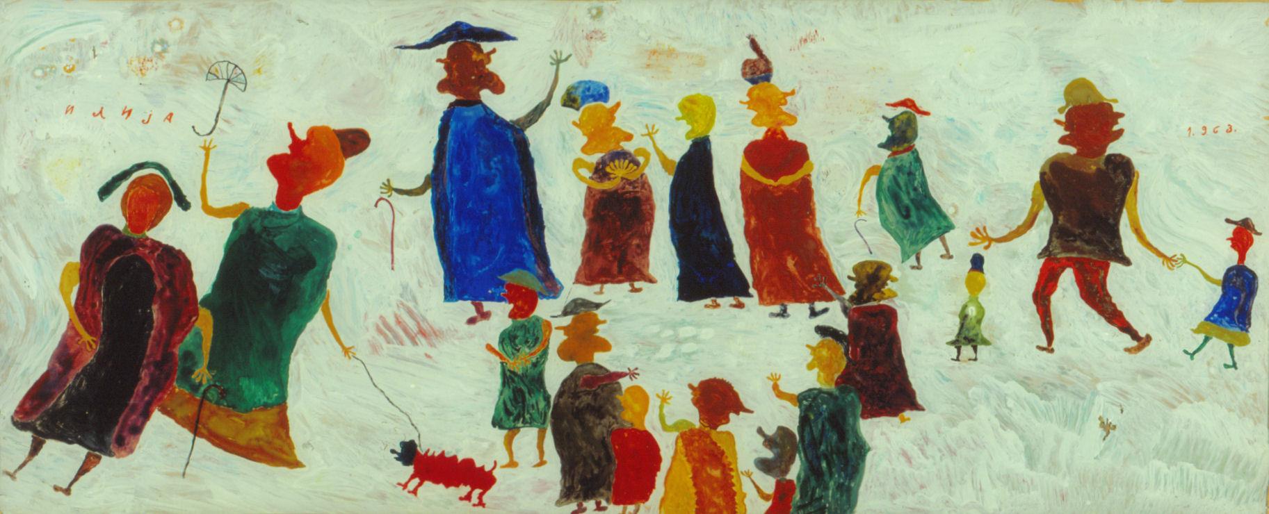 Ilija Bosilj, Walkers, 1963, Oil behind Glass