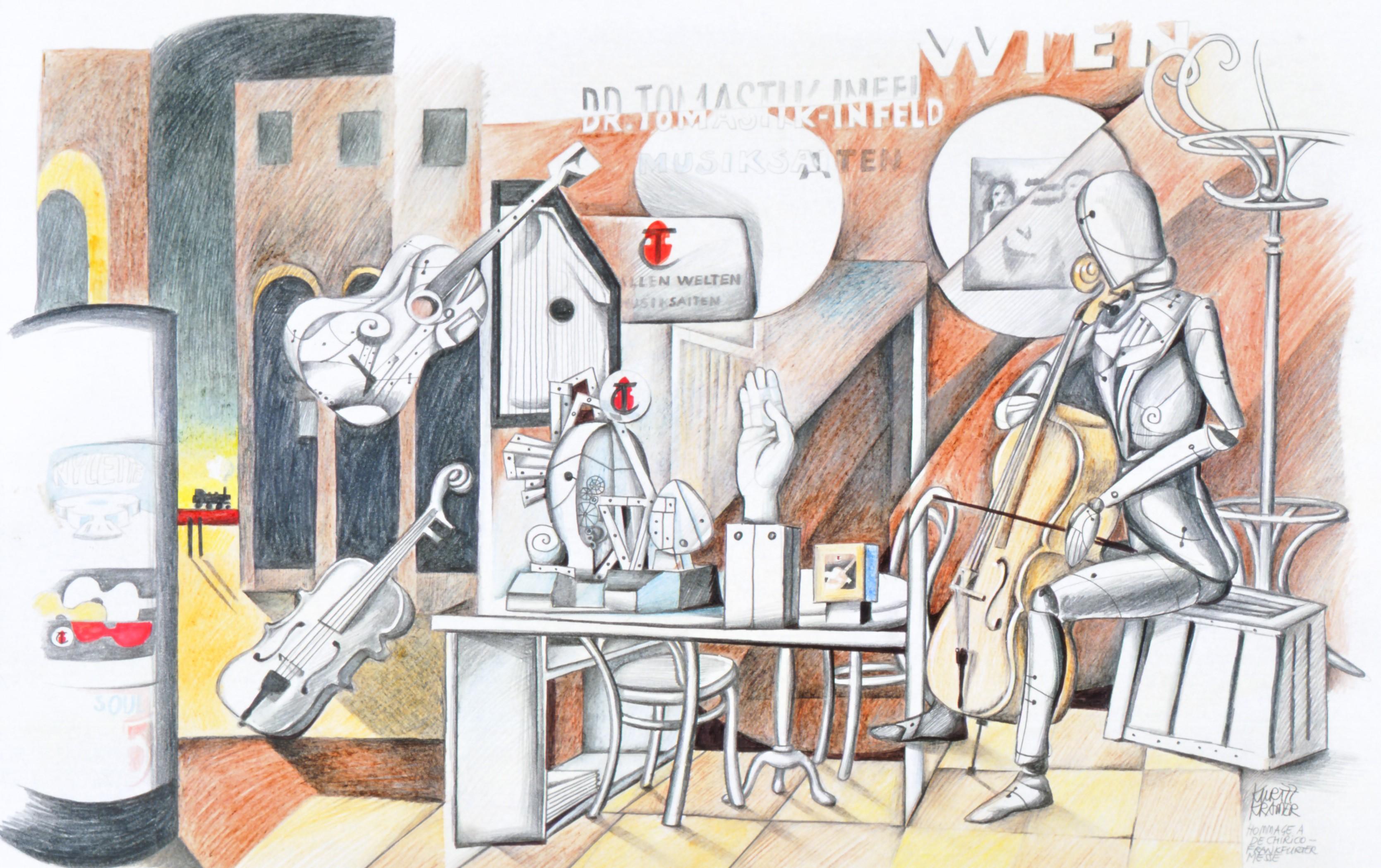 Kurt Kramer, Hommage a De Chirico - Messe Frankfurt, 1977, Pencil and Colored Pencil on Cardboard
