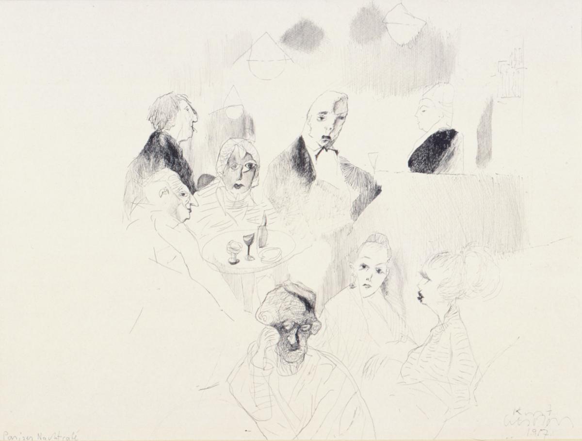 Kurt Absolon, Night Cafe in Paris, 1957, Line Drawing