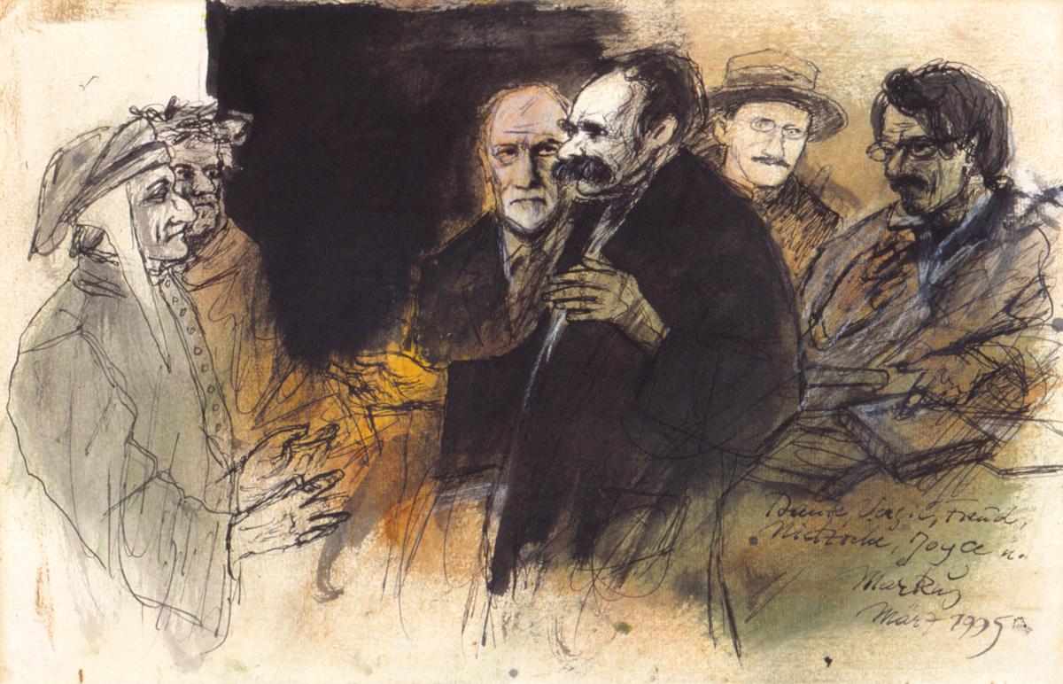 Markus Vallazza, To Divina Comedia: Dante, Vergil, Freud, Nietzsche, Joyce and Markus, 1995, Watercolour Drawing