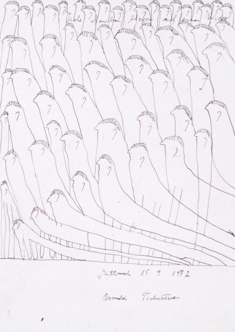 Oswald Tschirtner, A Lot of People lie on the Field, 1972, Line Drawing