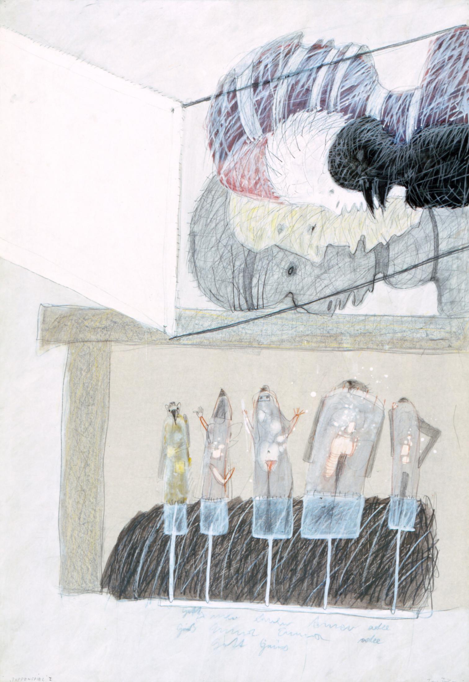Tone Fink, Puppenspiel I, 1977, Mischtechnik auf Karton